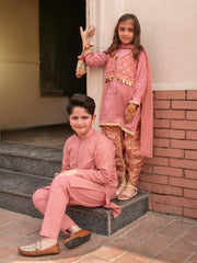 Peach colored cotton kurta pajama with sherwani collar