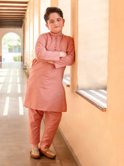 Peach colored cotton kurta pajama with sherwani collar