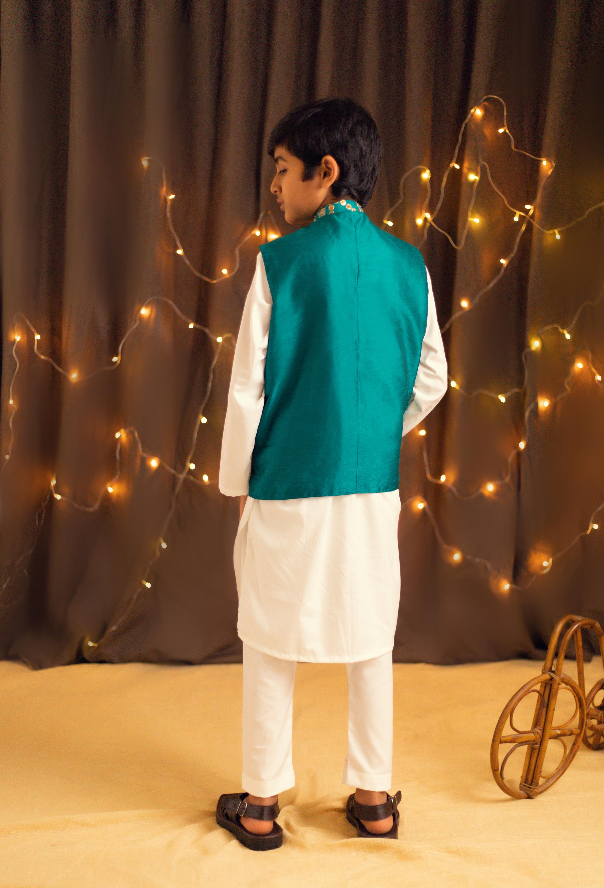 Teal blue waist coat with golden embroidery, for boys