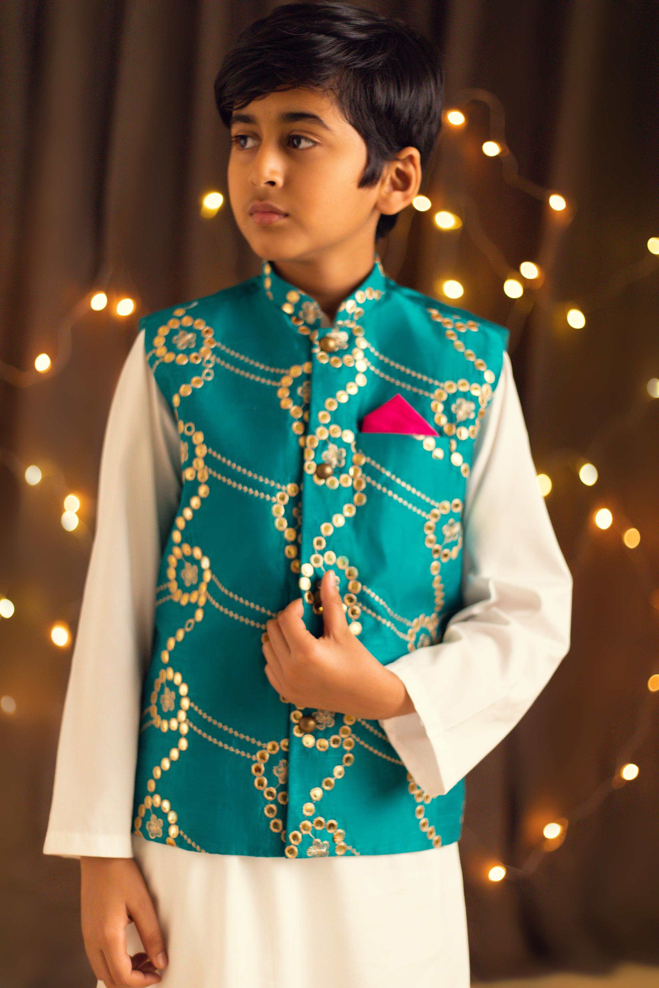 Teal Waist Coat with dull gold embroidered work