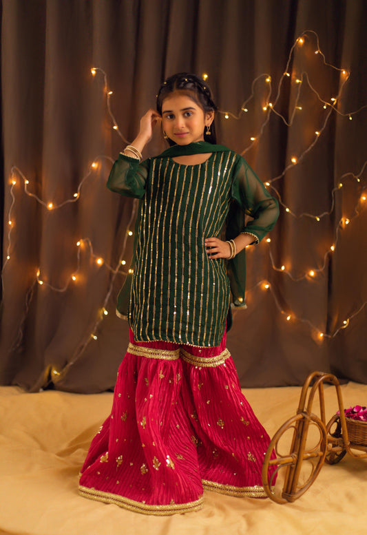 Emerald Bliss - Crushed Embroidered Gharara Set