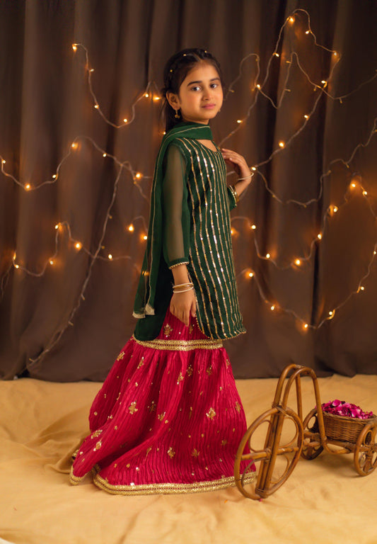 Emerald Bliss - Crushed Embroidered Gharara Set